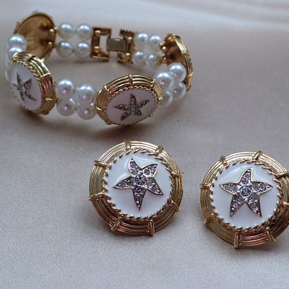 Starfish Rhinestone Bracelet and Clip on Earring Set by Butler - Picture 1 of 9